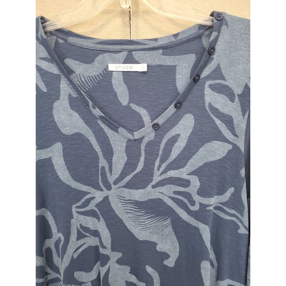 Chico's Cotton Blend Blue Abstract Print Button-Accent V-Neck Tunic Size 2 Large - Picture 5 of 7